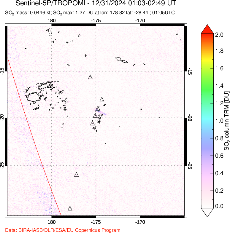 A sulfur dioxide image over Tonga, South Pacific on Dec 31, 2024.