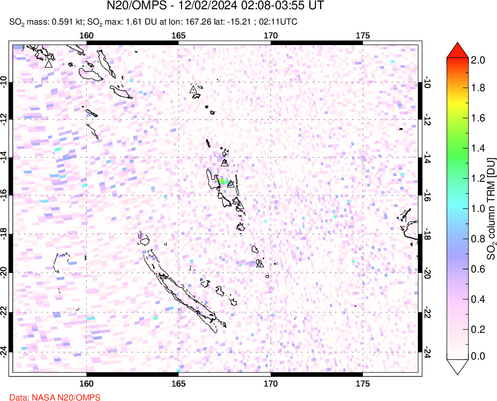 A sulfur dioxide image over Vanuatu, South Pacific on Dec 02, 2024.