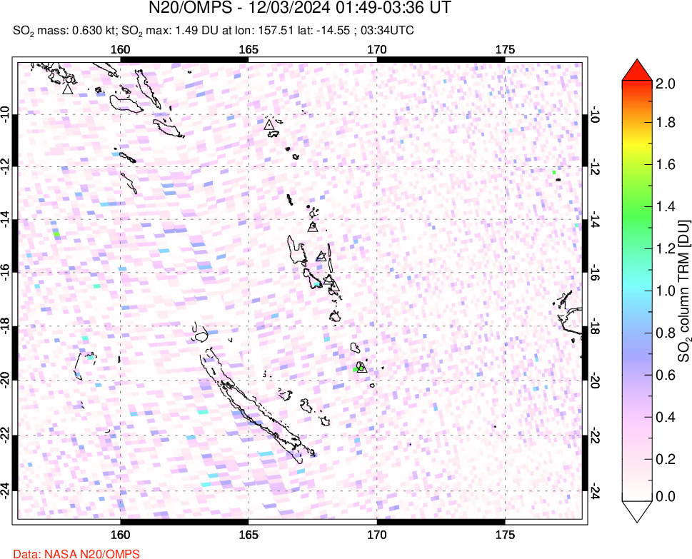 A sulfur dioxide image over Vanuatu, South Pacific on Dec 03, 2024.