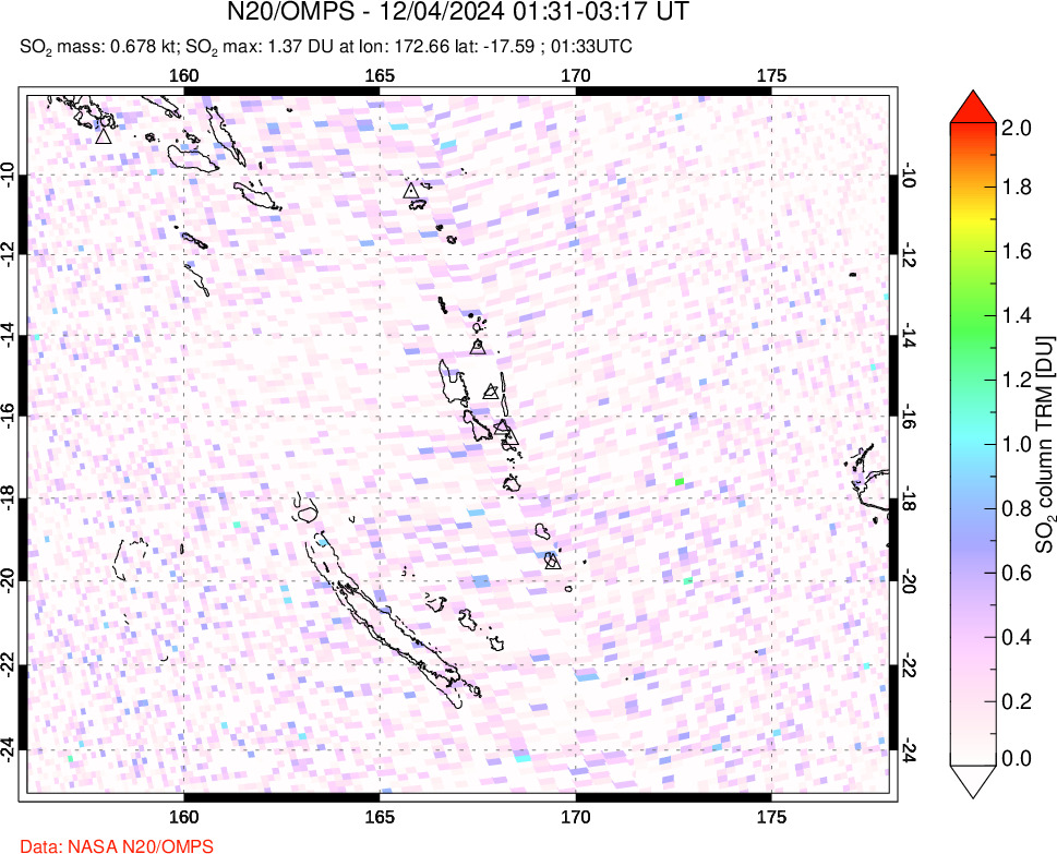 A sulfur dioxide image over Vanuatu, South Pacific on Dec 04, 2024.