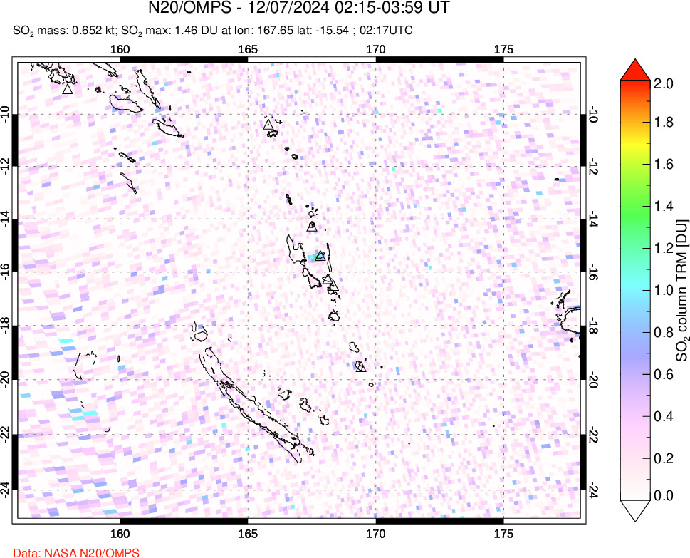 A sulfur dioxide image over Vanuatu, South Pacific on Dec 07, 2024.