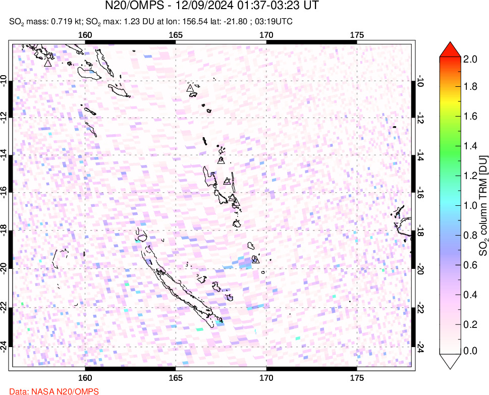 A sulfur dioxide image over Vanuatu, South Pacific on Dec 09, 2024.