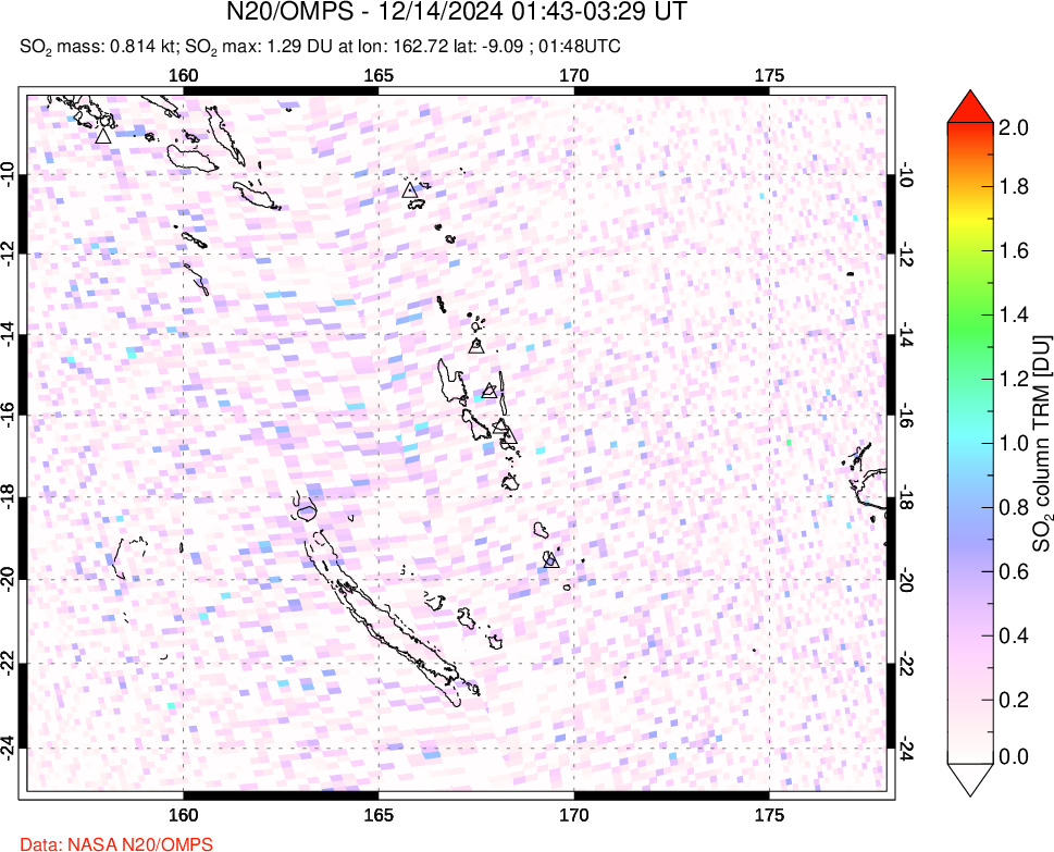 A sulfur dioxide image over Vanuatu, South Pacific on Dec 14, 2024.