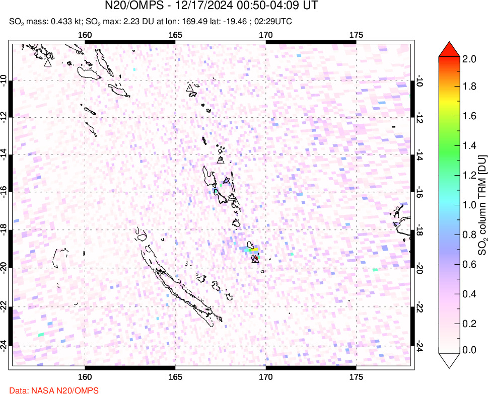 A sulfur dioxide image over Vanuatu, South Pacific on Dec 17, 2024.