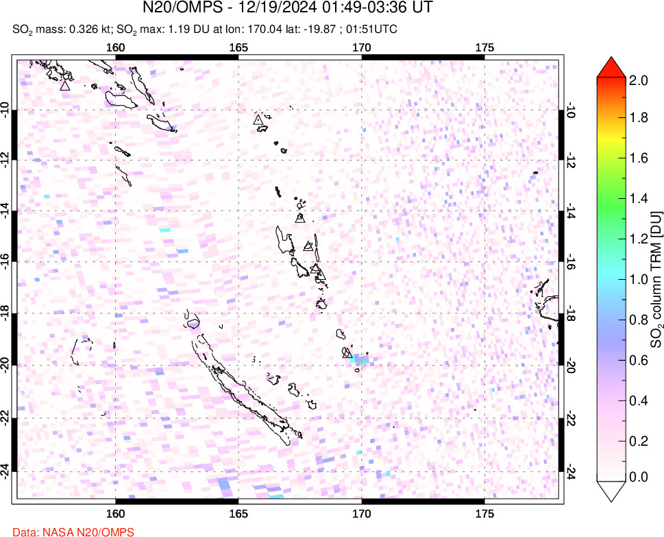 A sulfur dioxide image over Vanuatu, South Pacific on Dec 19, 2024.