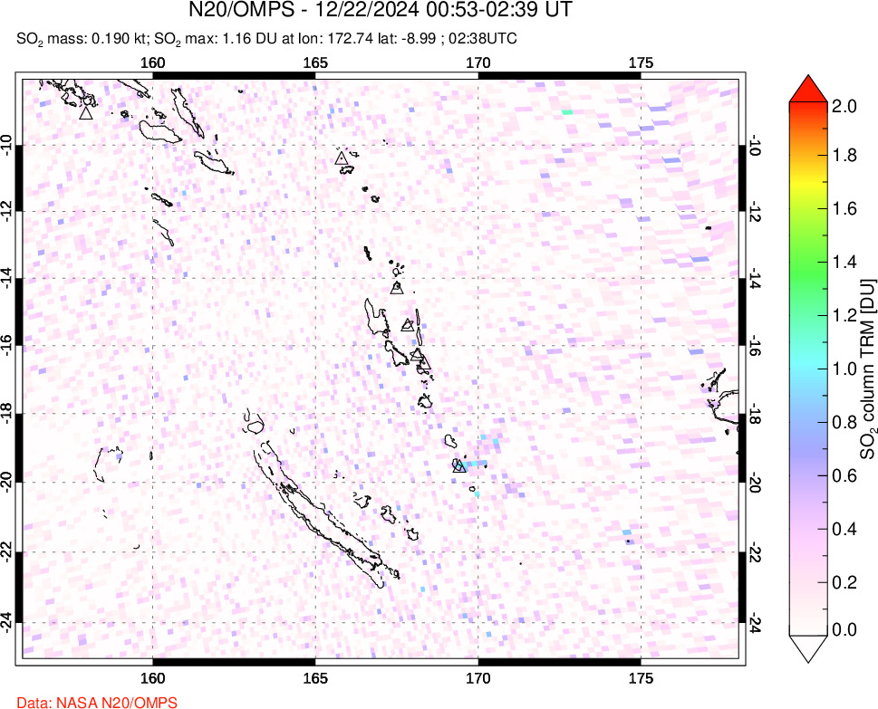 A sulfur dioxide image over Vanuatu, South Pacific on Dec 22, 2024.