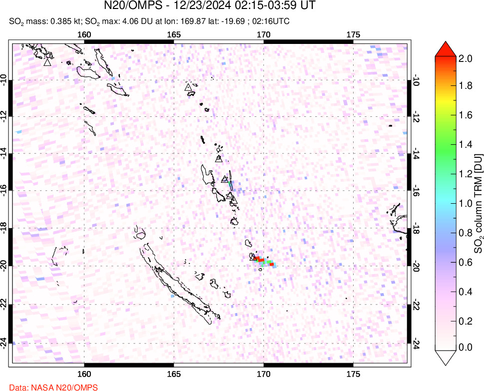 A sulfur dioxide image over Vanuatu, South Pacific on Dec 23, 2024.