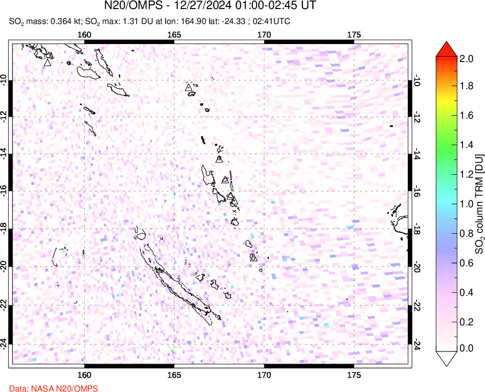 A sulfur dioxide image over Vanuatu, South Pacific on Dec 27, 2024.