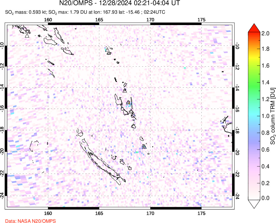 A sulfur dioxide image over Vanuatu, South Pacific on Dec 28, 2024.