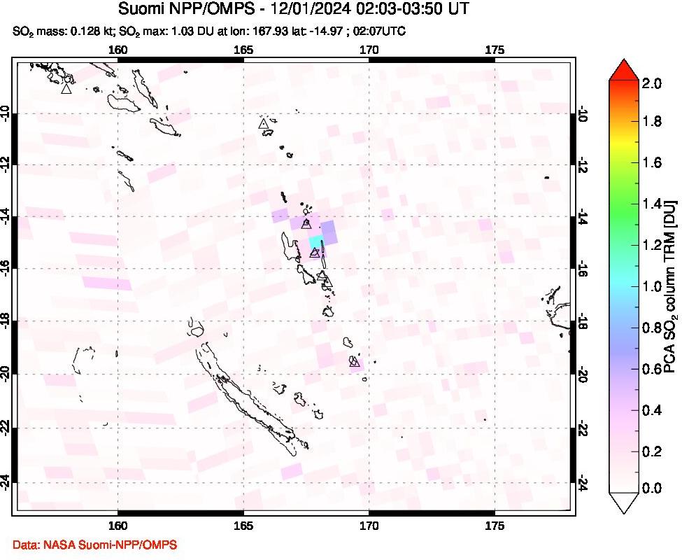 A sulfur dioxide image over Vanuatu, South Pacific on Dec 01, 2024.