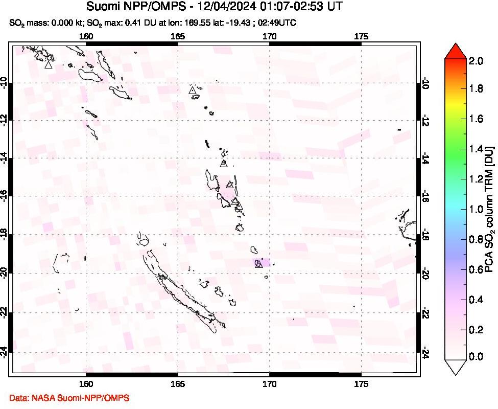 A sulfur dioxide image over Vanuatu, South Pacific on Dec 04, 2024.