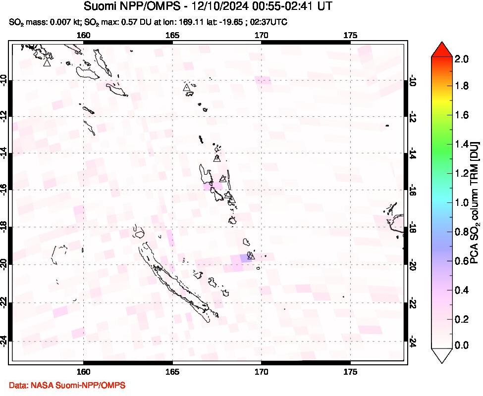 A sulfur dioxide image over Vanuatu, South Pacific on Dec 10, 2024.