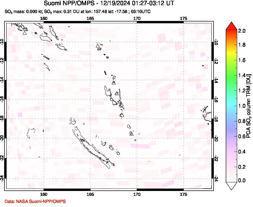 A sulfur dioxide image over Vanuatu, South Pacific on Dec 19, 2024.