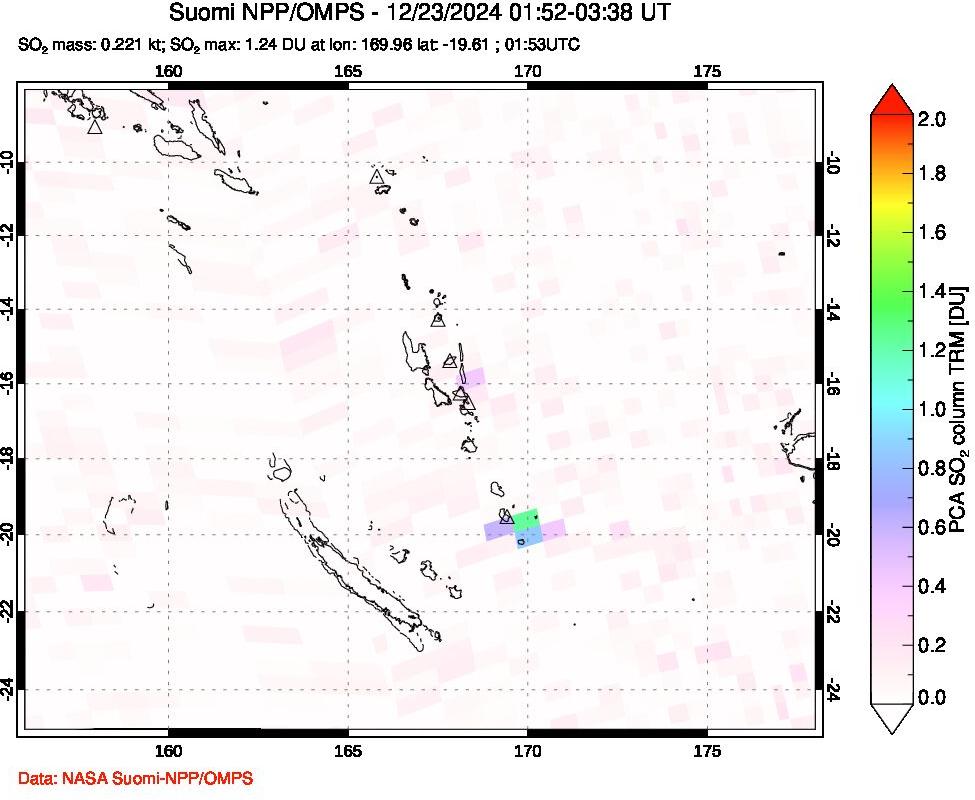 A sulfur dioxide image over Vanuatu, South Pacific on Dec 23, 2024.