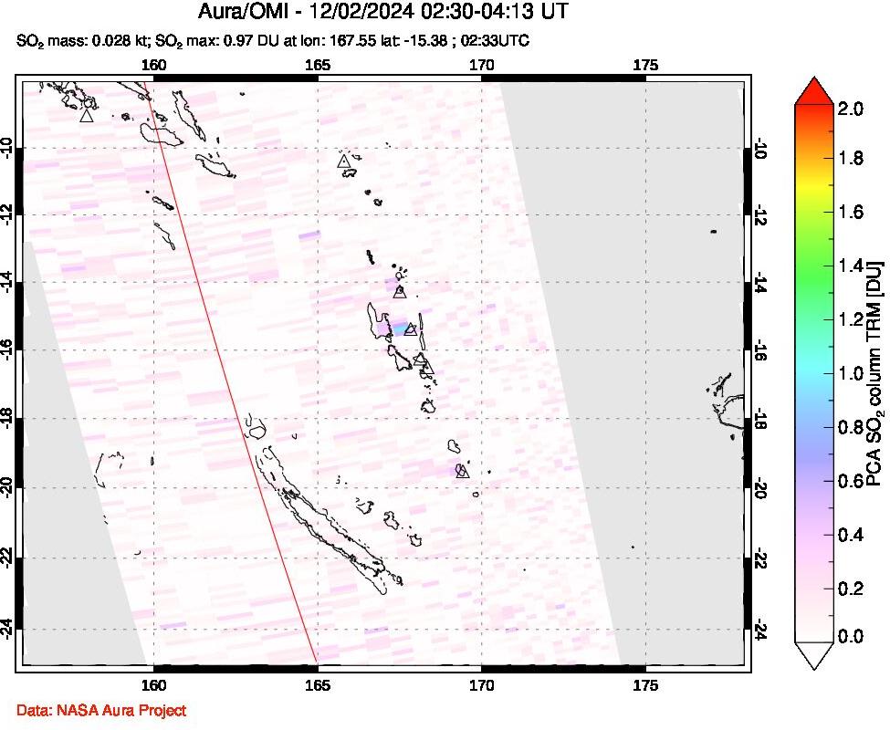 A sulfur dioxide image over Vanuatu, South Pacific on Dec 02, 2024.