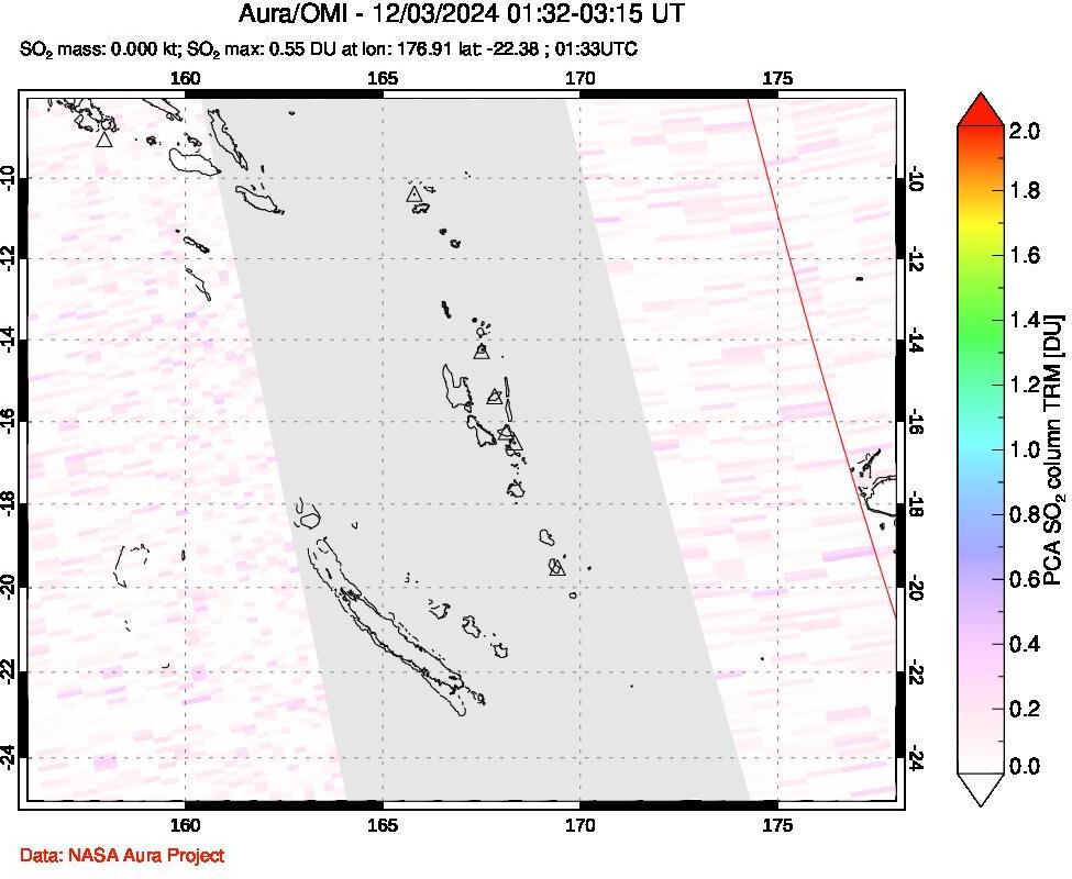 A sulfur dioxide image over Vanuatu, South Pacific on Dec 03, 2024.