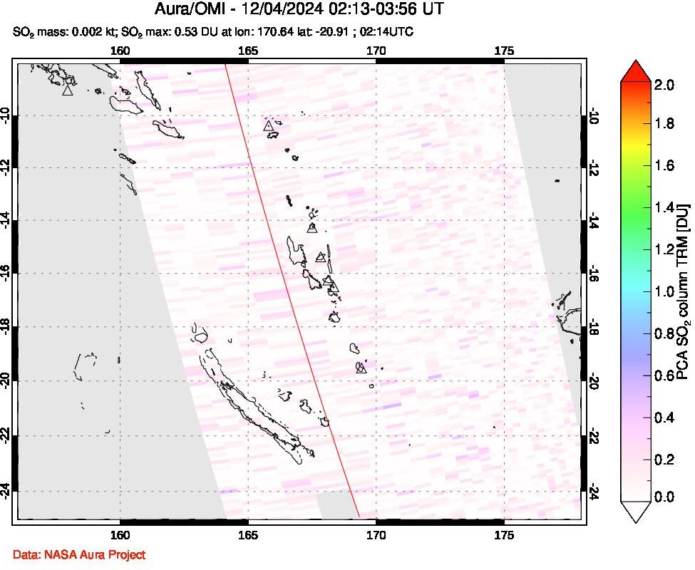 A sulfur dioxide image over Vanuatu, South Pacific on Dec 04, 2024.