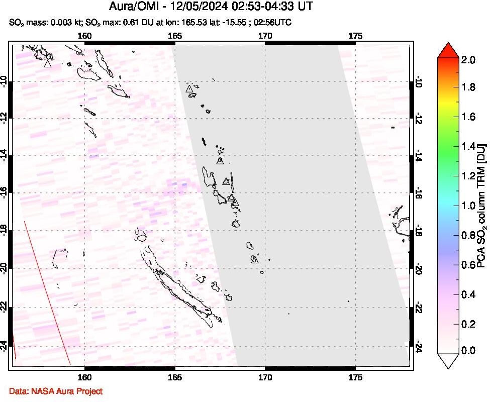 A sulfur dioxide image over Vanuatu, South Pacific on Dec 05, 2024.