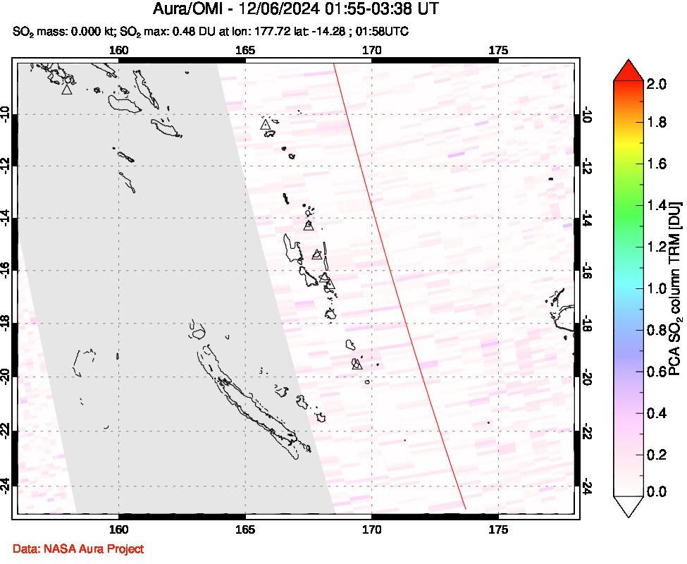 A sulfur dioxide image over Vanuatu, South Pacific on Dec 06, 2024.