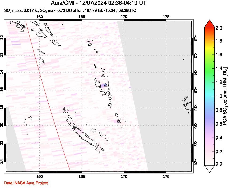 A sulfur dioxide image over Vanuatu, South Pacific on Dec 07, 2024.