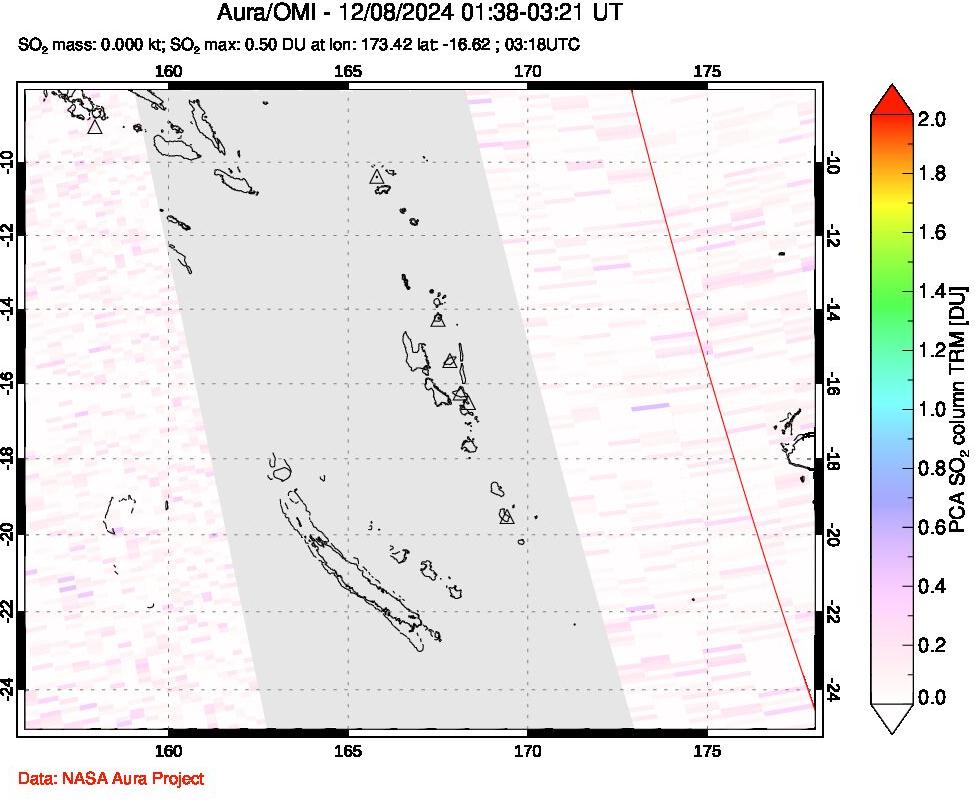 A sulfur dioxide image over Vanuatu, South Pacific on Dec 08, 2024.