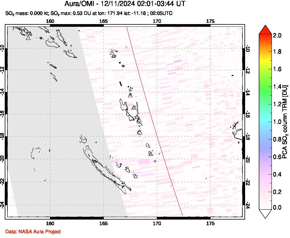 A sulfur dioxide image over Vanuatu, South Pacific on Dec 11, 2024.