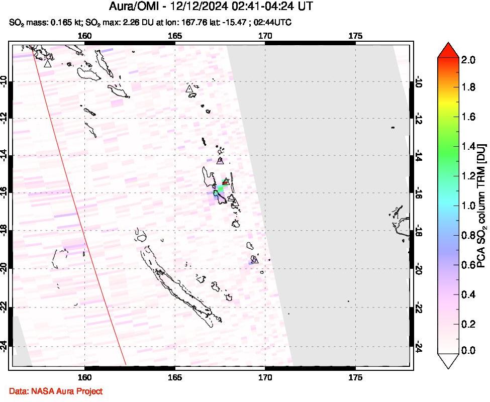 A sulfur dioxide image over Vanuatu, South Pacific on Dec 12, 2024.