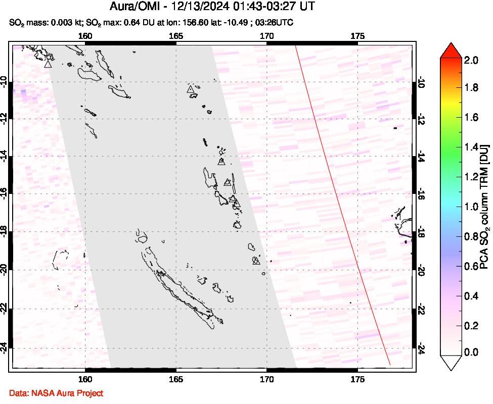 A sulfur dioxide image over Vanuatu, South Pacific on Dec 13, 2024.