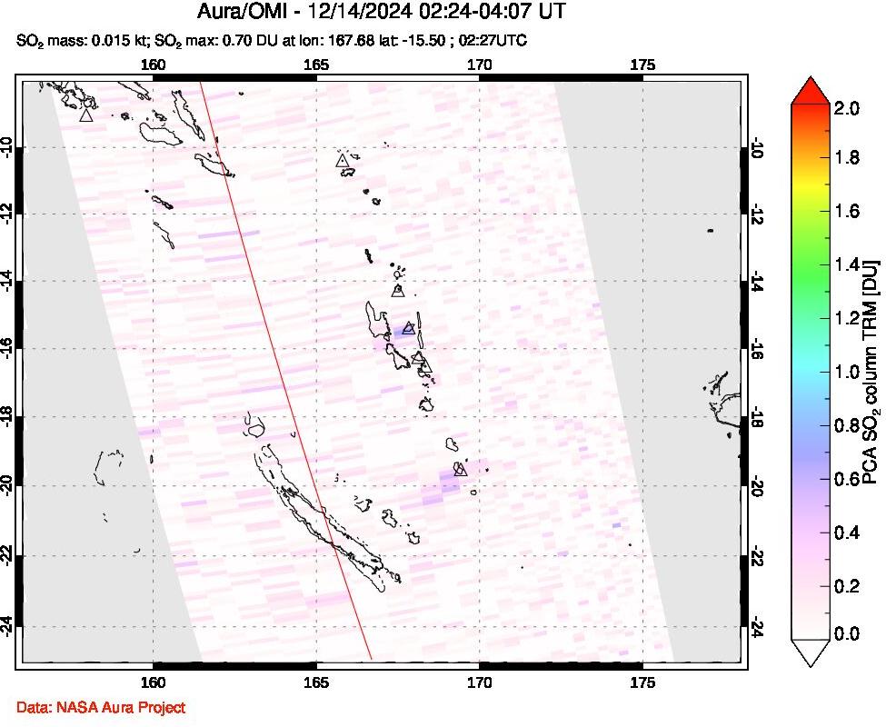 A sulfur dioxide image over Vanuatu, South Pacific on Dec 14, 2024.