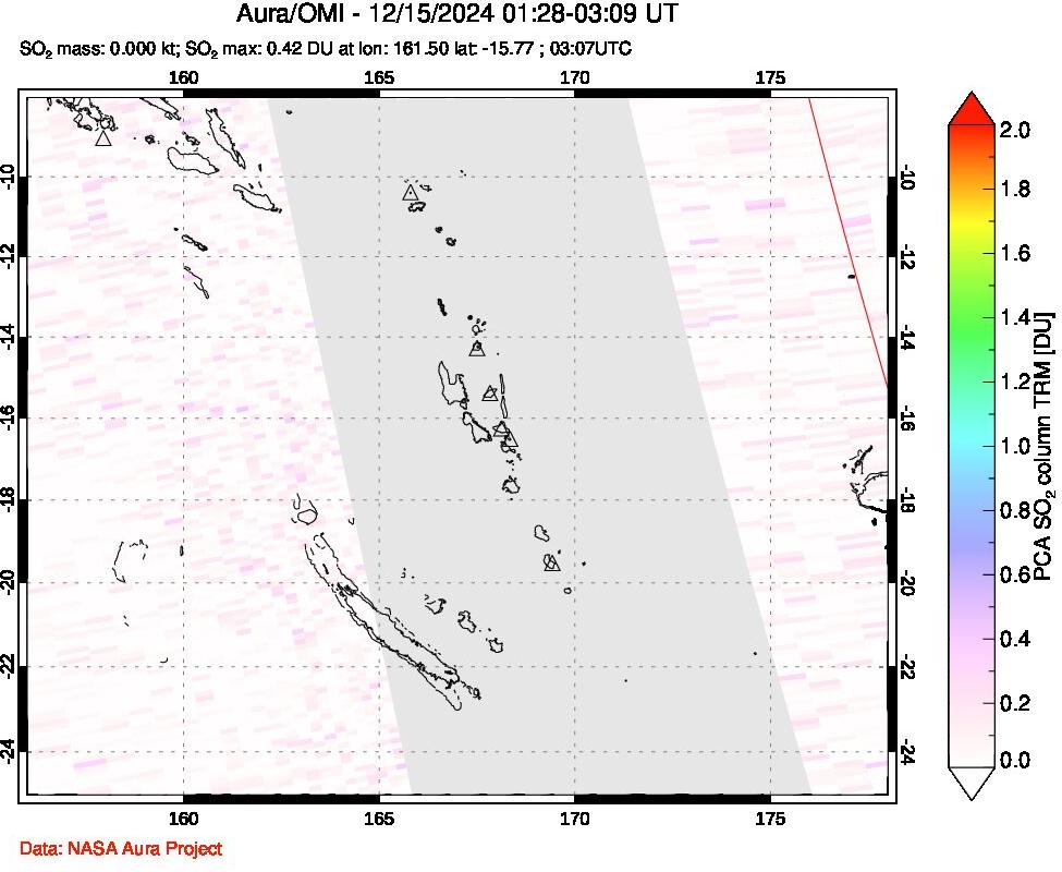 A sulfur dioxide image over Vanuatu, South Pacific on Dec 15, 2024.