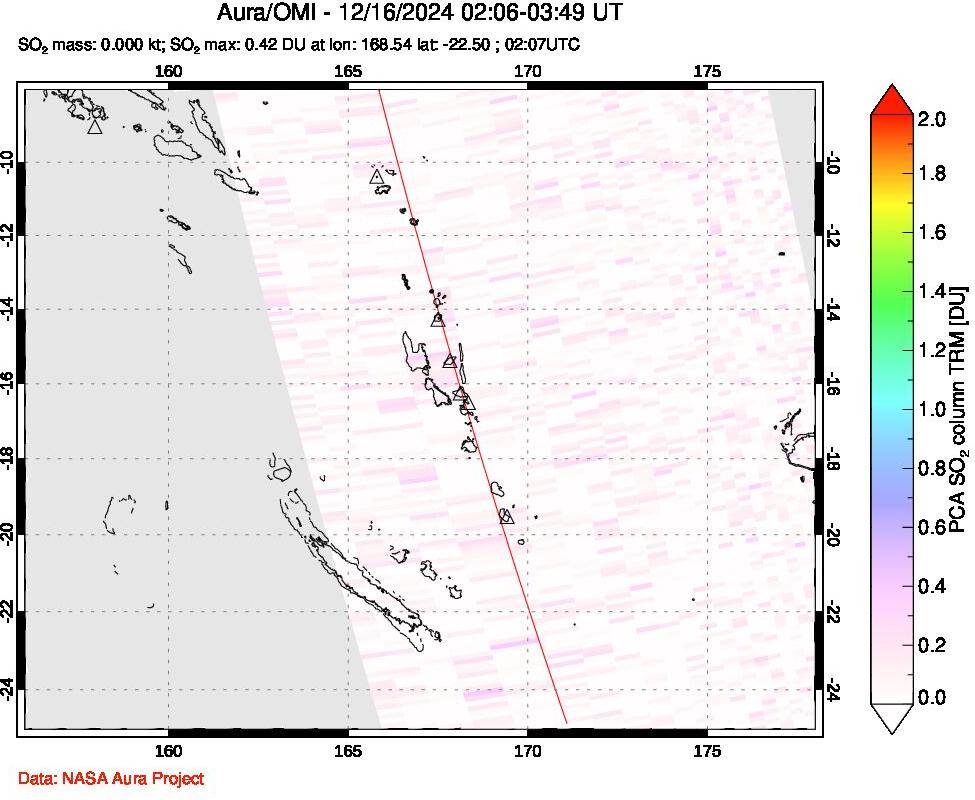 A sulfur dioxide image over Vanuatu, South Pacific on Dec 16, 2024.