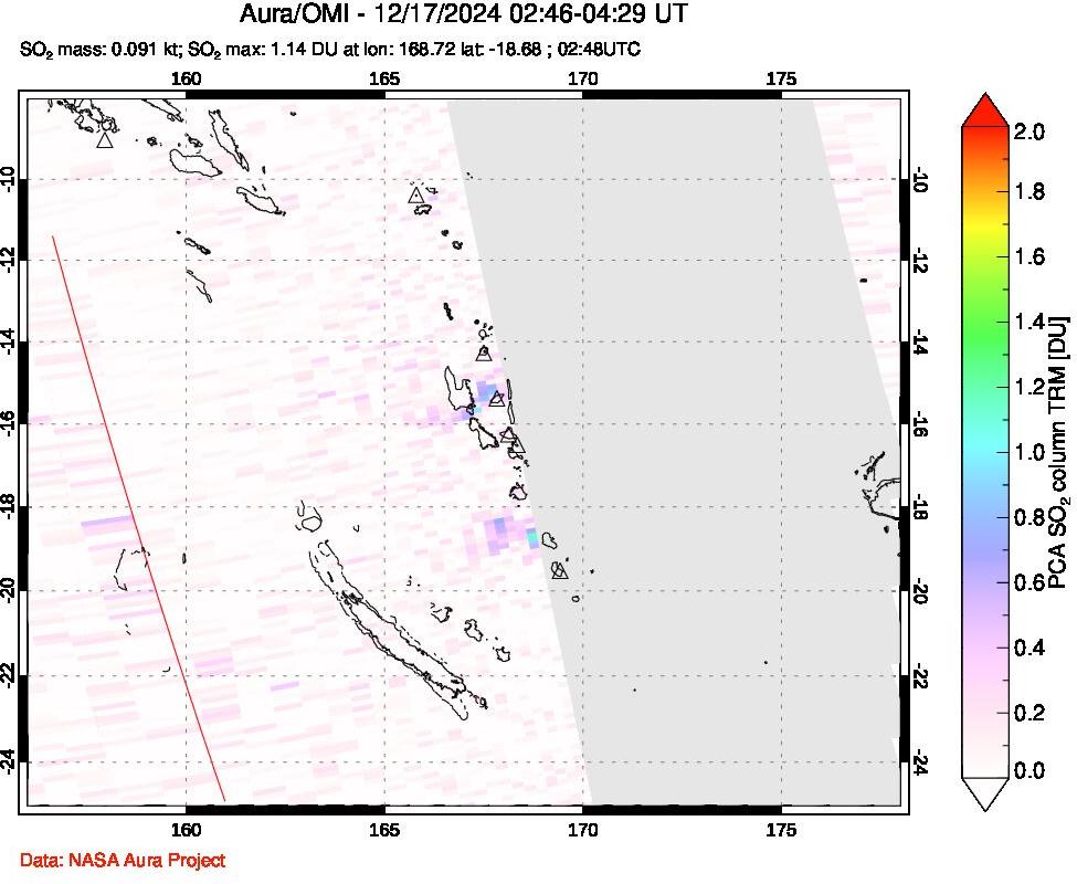 A sulfur dioxide image over Vanuatu, South Pacific on Dec 17, 2024.