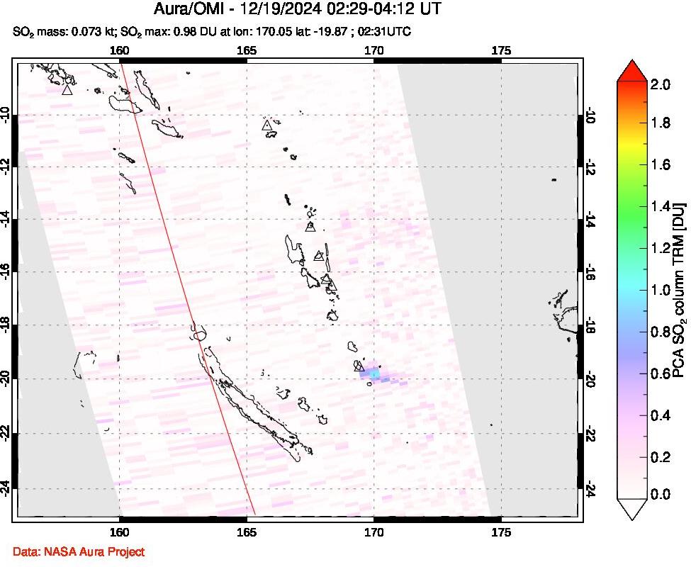 A sulfur dioxide image over Vanuatu, South Pacific on Dec 19, 2024.