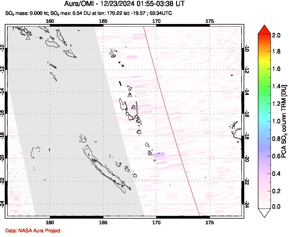 A sulfur dioxide image over Vanuatu, South Pacific on Dec 23, 2024.