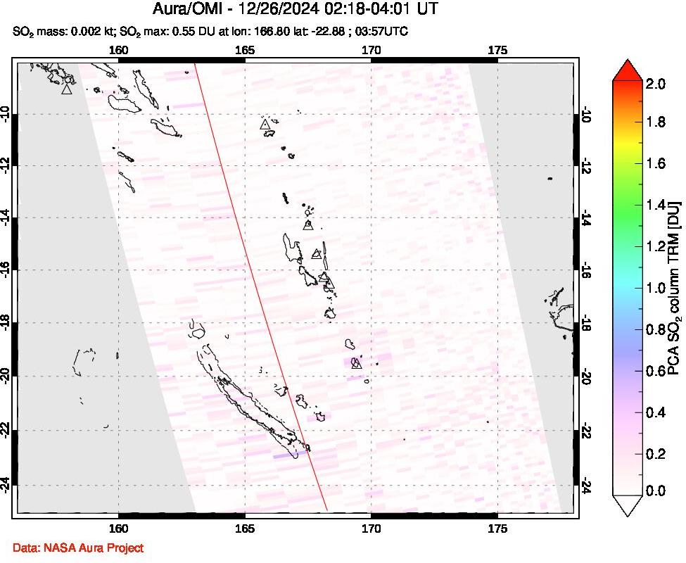 A sulfur dioxide image over Vanuatu, South Pacific on Dec 26, 2024.