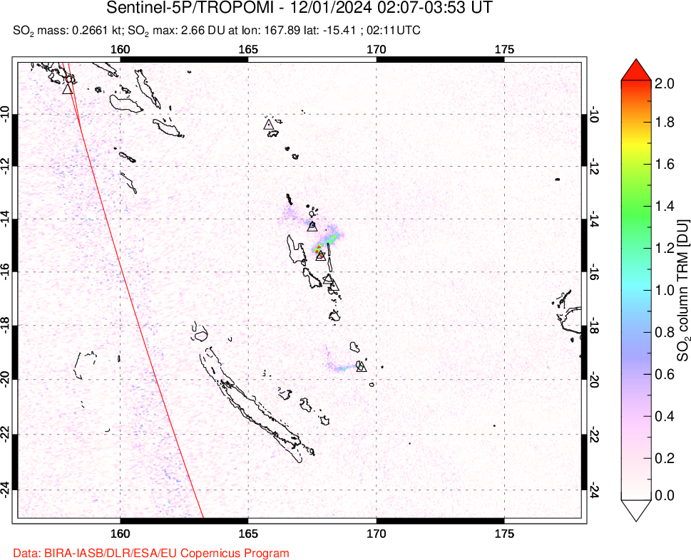 A sulfur dioxide image over Vanuatu, South Pacific on Dec 01, 2024.