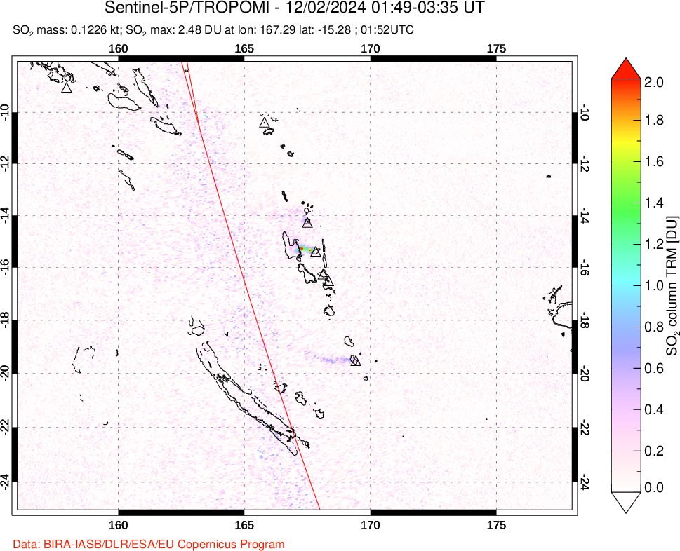 A sulfur dioxide image over Vanuatu, South Pacific on Dec 02, 2024.