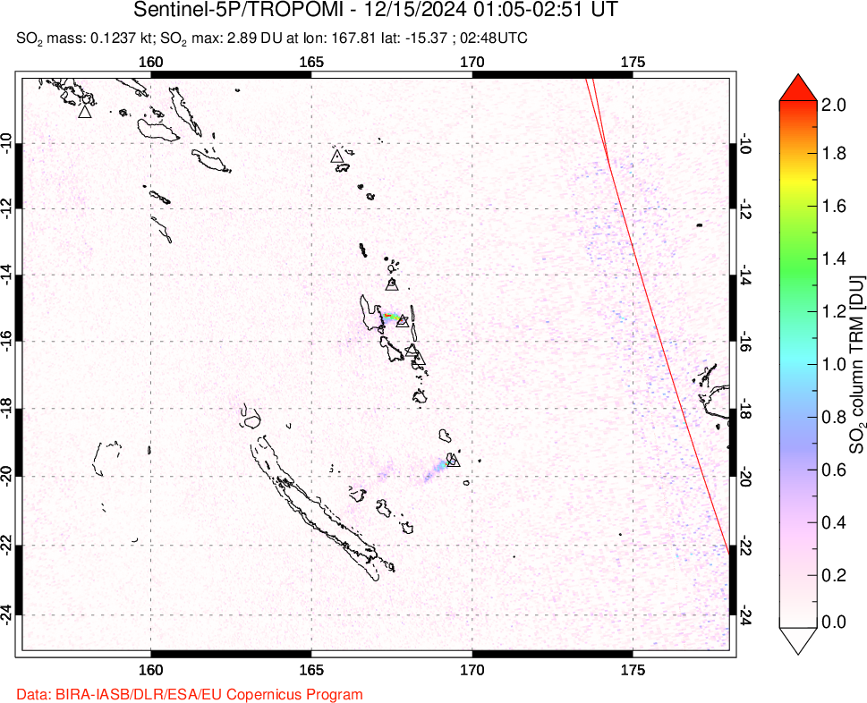 A sulfur dioxide image over Vanuatu, South Pacific on Dec 15, 2024.