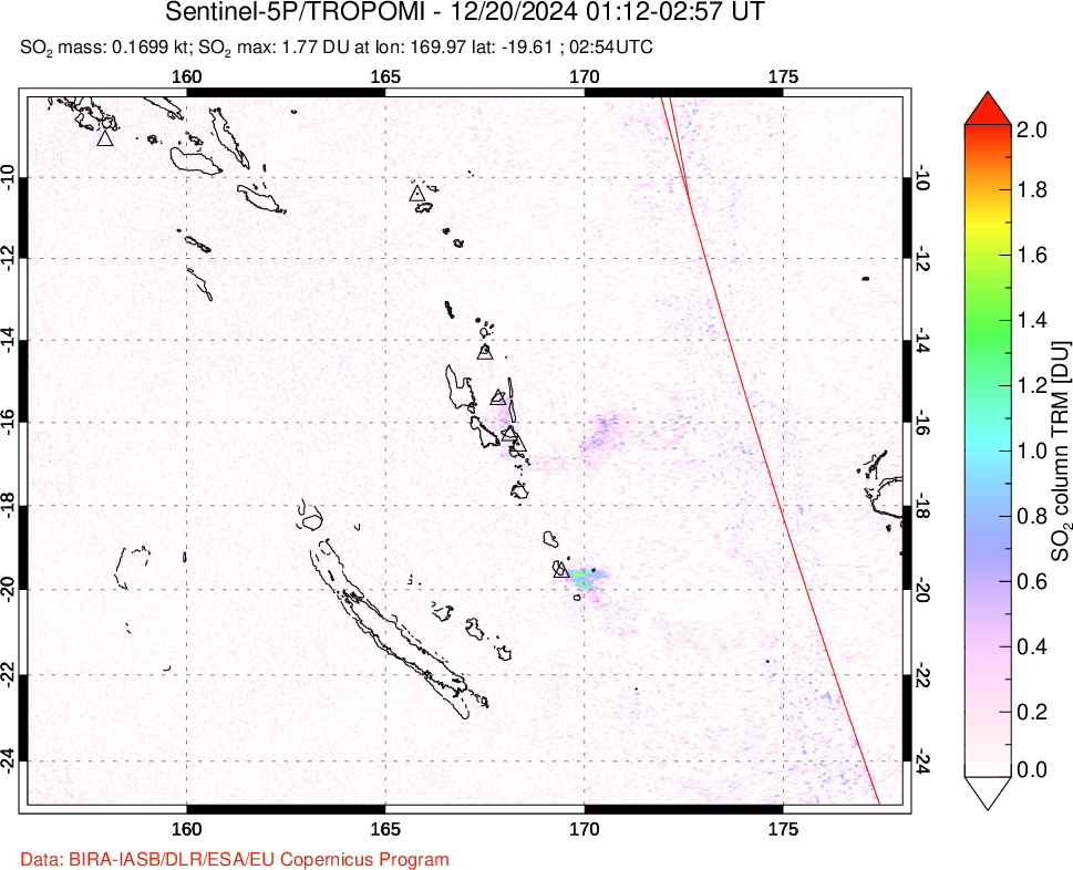 A sulfur dioxide image over Vanuatu, South Pacific on Dec 20, 2024.