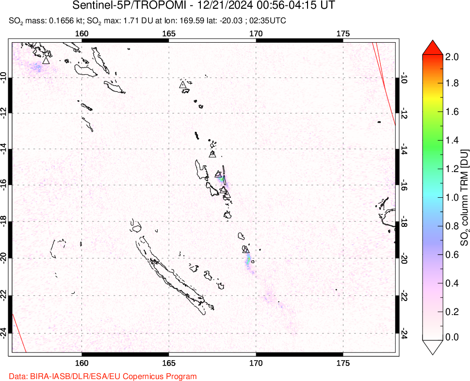 A sulfur dioxide image over Vanuatu, South Pacific on Dec 21, 2024.