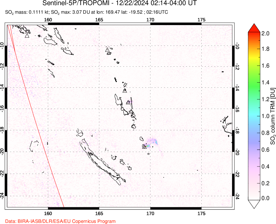 A sulfur dioxide image over Vanuatu, South Pacific on Dec 22, 2024.