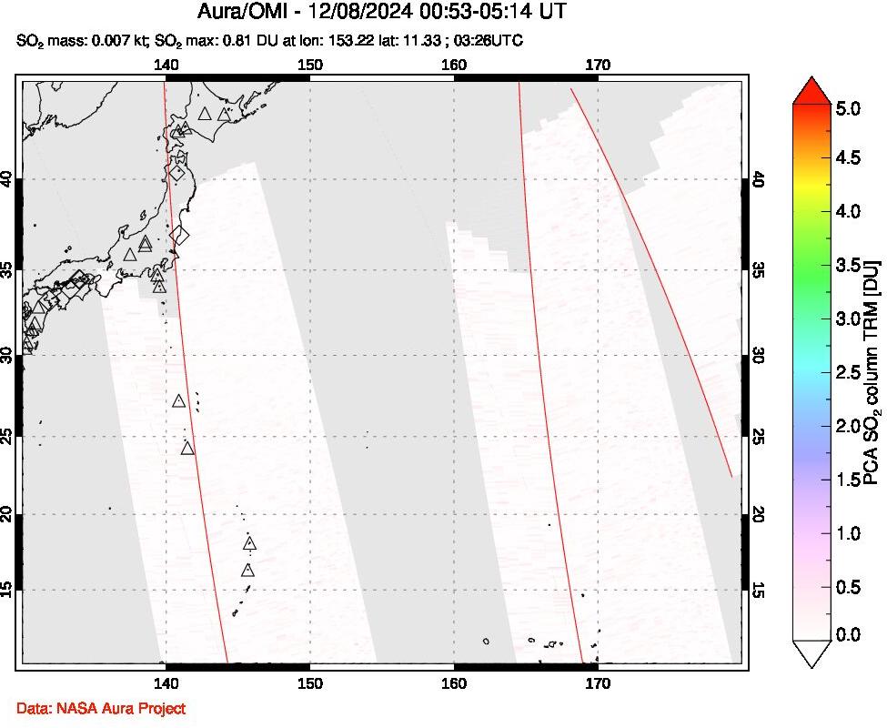 A sulfur dioxide image over Western Pacific on Dec 08, 2024.