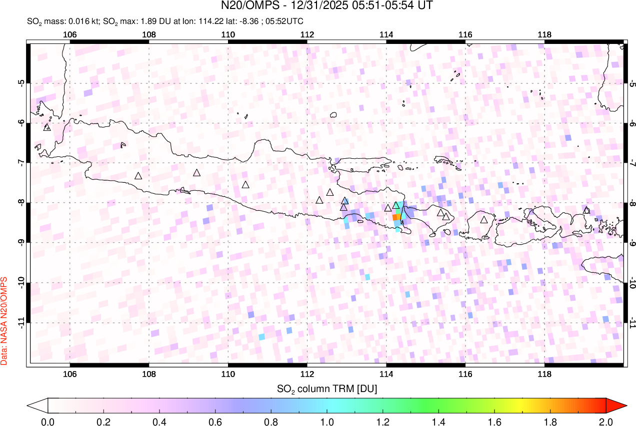 A sulfur dioxide image over Java, Indonesia on Dec 31, 2025.