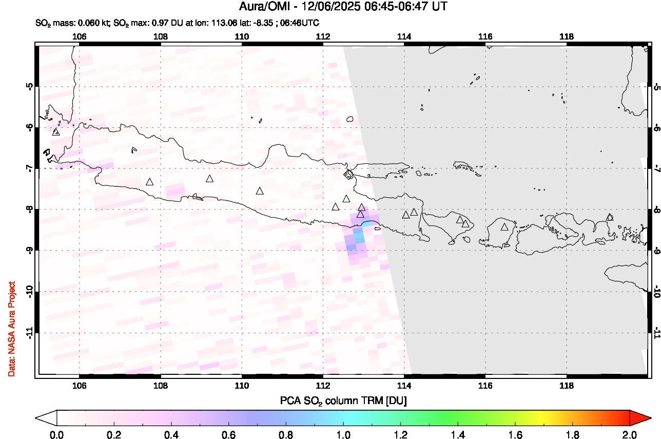 A sulfur dioxide image over Java, Indonesia on Dec 06, 2025.