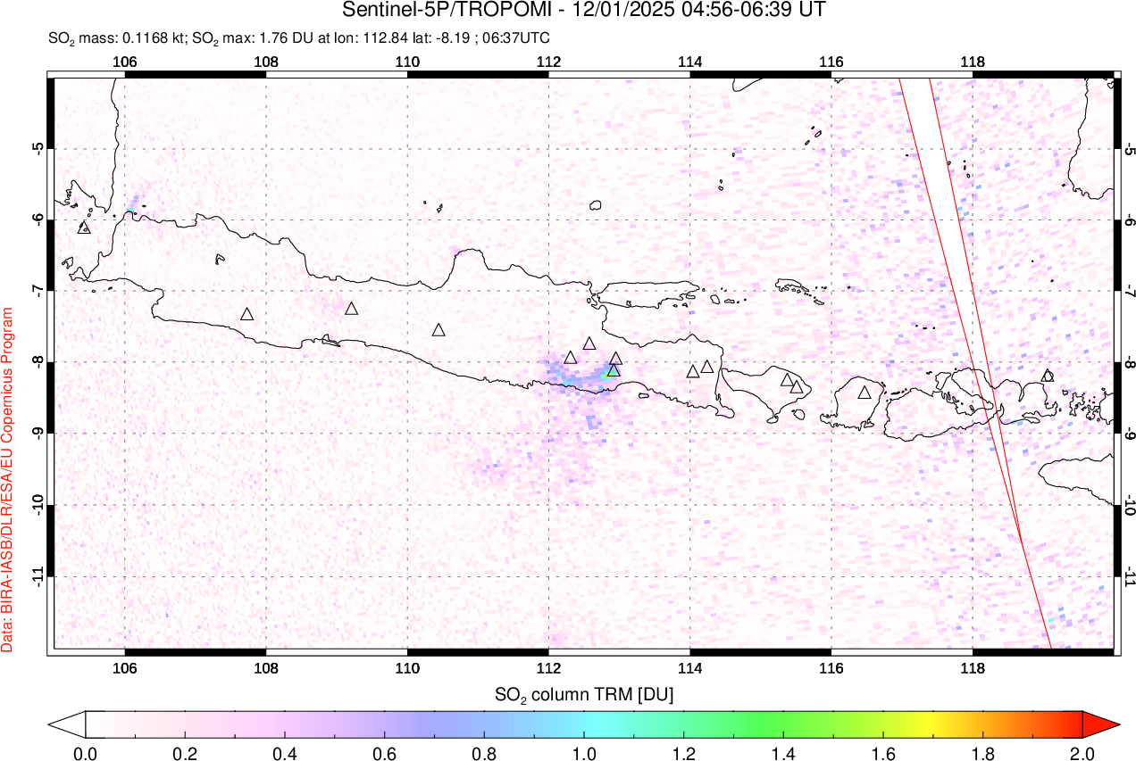 A sulfur dioxide image over Java, Indonesia on Dec 01, 2025.