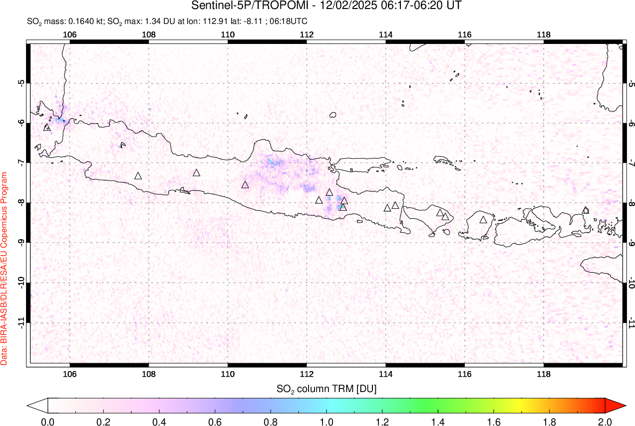 A sulfur dioxide image over Java, Indonesia on Dec 02, 2025.