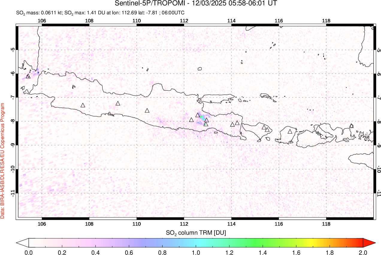 A sulfur dioxide image over Java, Indonesia on Dec 03, 2025.