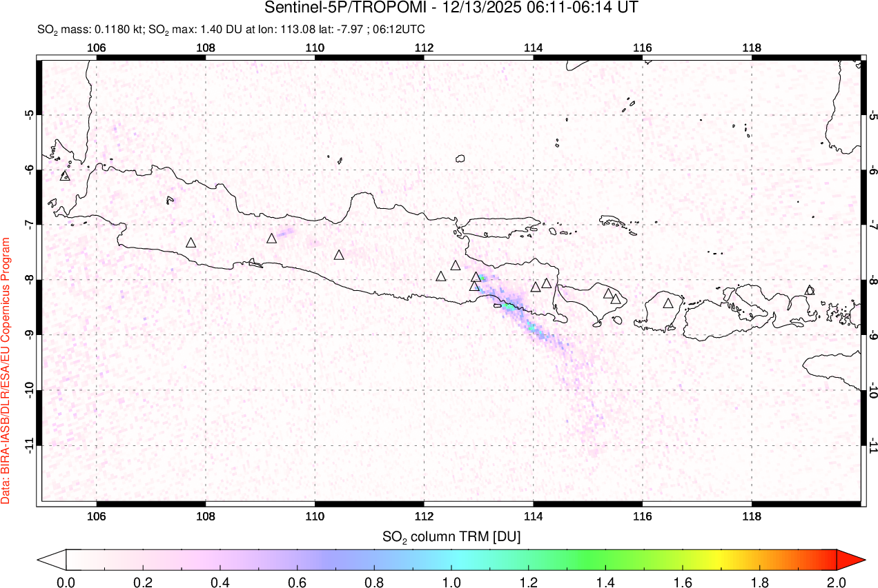 A sulfur dioxide image over Java, Indonesia on Dec 13, 2025.