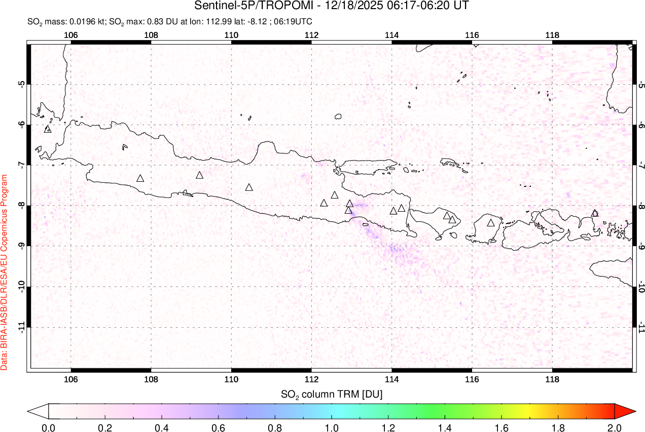 A sulfur dioxide image over Java, Indonesia on Dec 18, 2025.