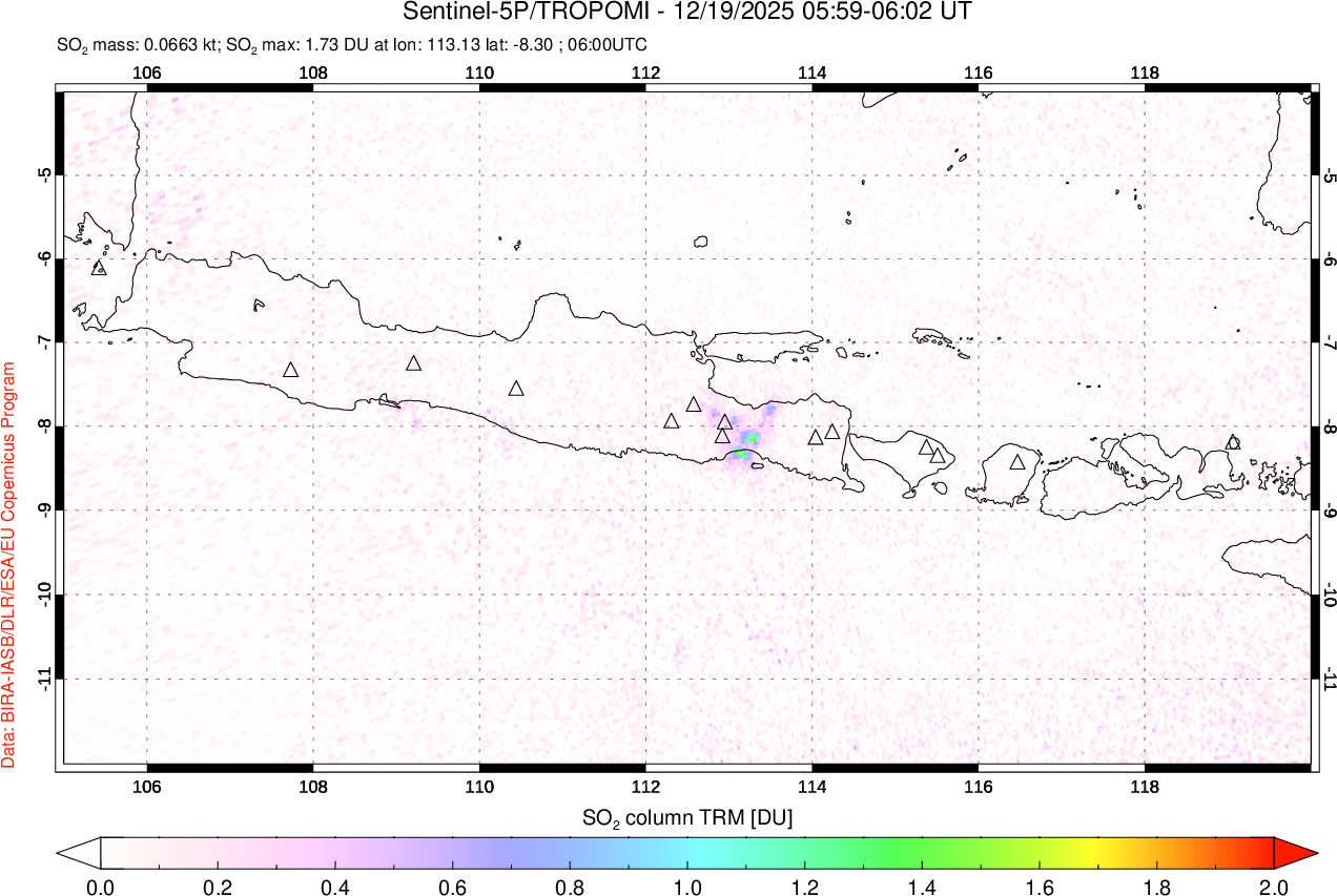 A sulfur dioxide image over Java, Indonesia on Dec 19, 2025.